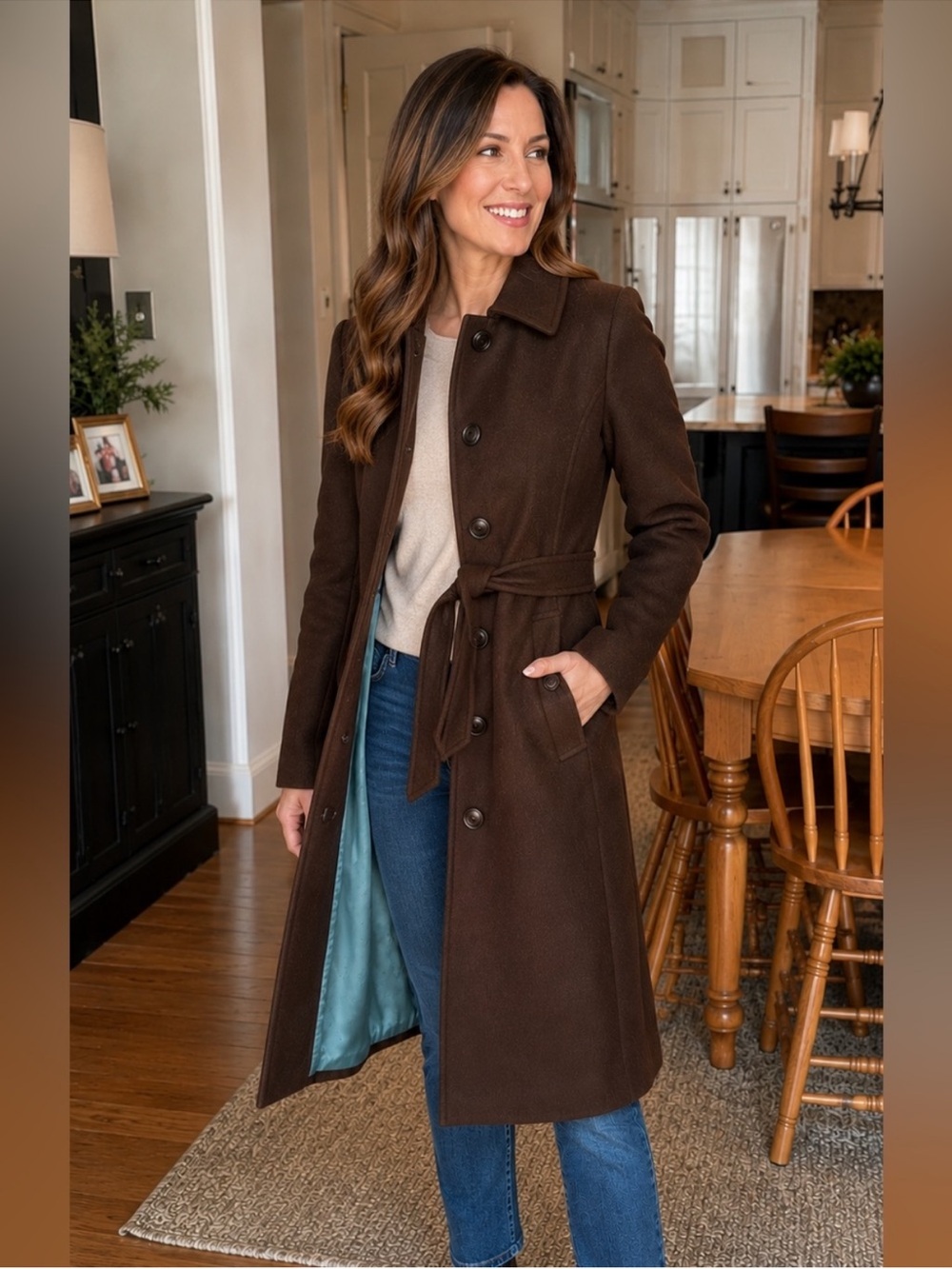 Dana Buchman Cashmere / Wool Dark Brown Belted Wool-Blend Trench Coat